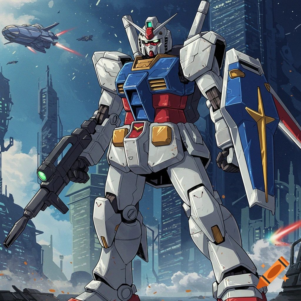 A giant white, blue, and red Gundam robot stands prominently in a futuristic city, holding a rifle and shield.
