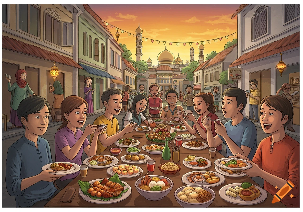 An illustration of a large group of people sharing a meal together at a long table on a street at sunset, with a mosque in the background.