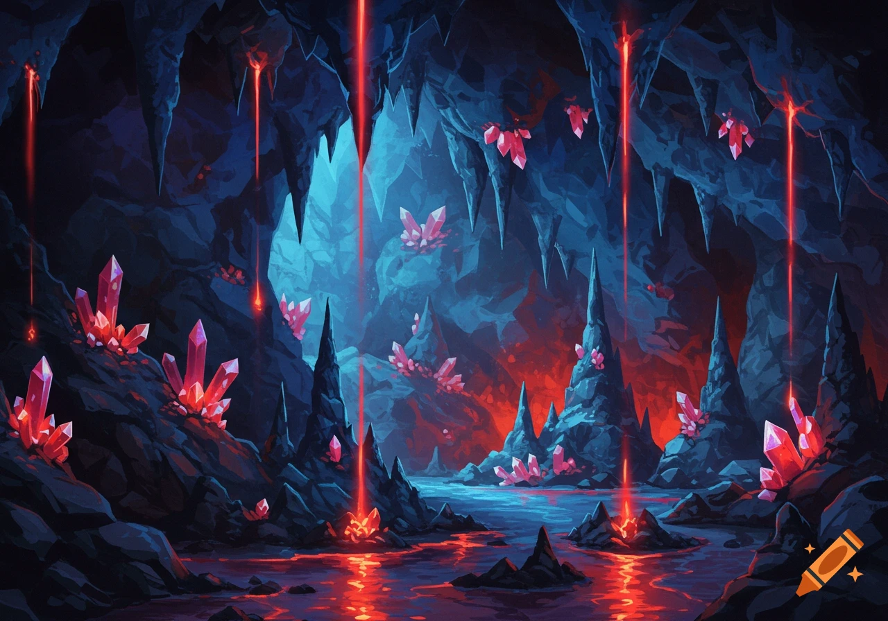 Mystical blue and purple cave with glowing red crystals and fiery red molten liquid.