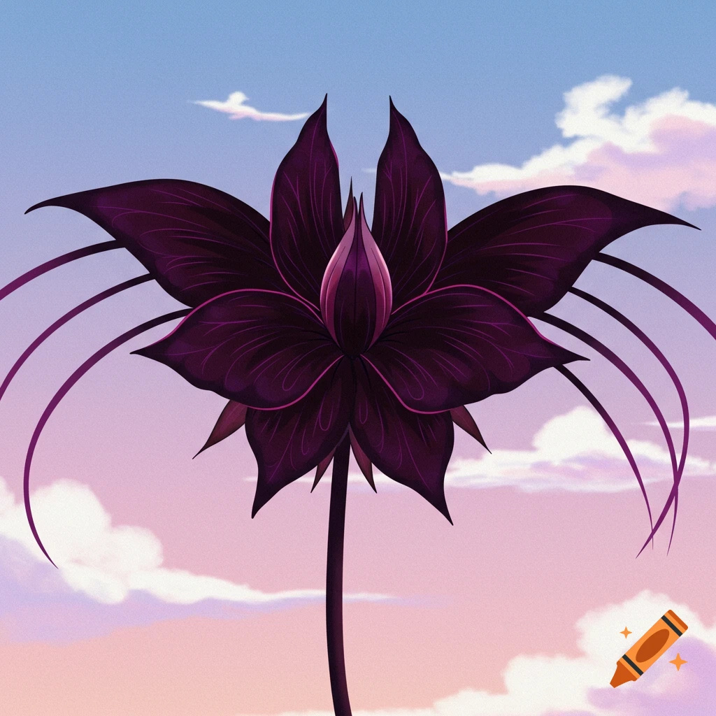 A dark purple bat flower with long tendrils stands against a pastel pink and blue sky with clouds, in an anime art style.