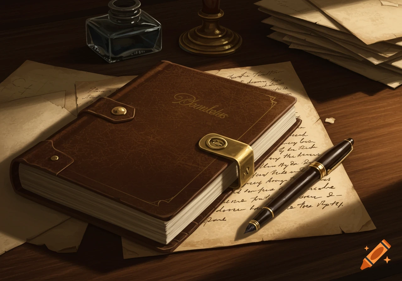 A brown leather-bound diary with a brass clasp and the word "Dornkeles" embossed on its cover, rests on a wooden desk. Beside it is a dark fountain pen, an inkwell, and several sheets of old paper with illegible handwriting.