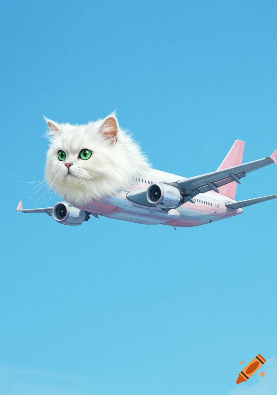 A white fluffy cat's head with bright green eyes replaces the cockpit of a pink and white passenger plane flying in a clear blue sky.