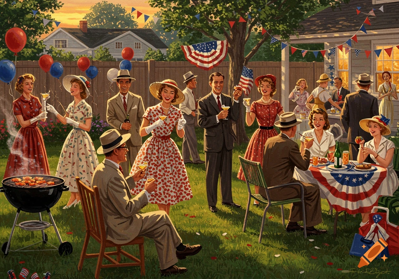 A vintage illustration of a 1950s 4th of July backyard cocktail party with people socializing.