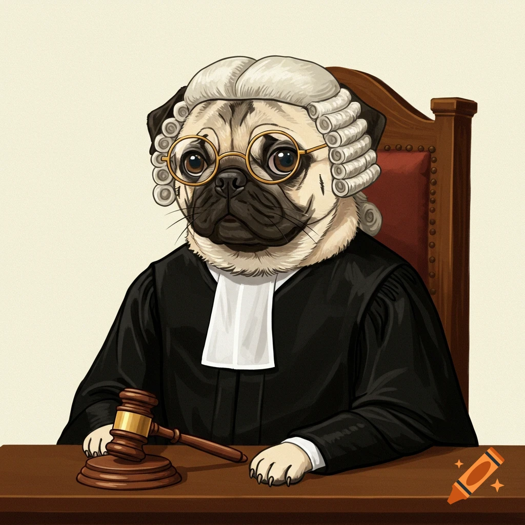 A pug dog dressed as a judge, wearing a wig and glasses, seated at a desk with a gavel in an illustration.