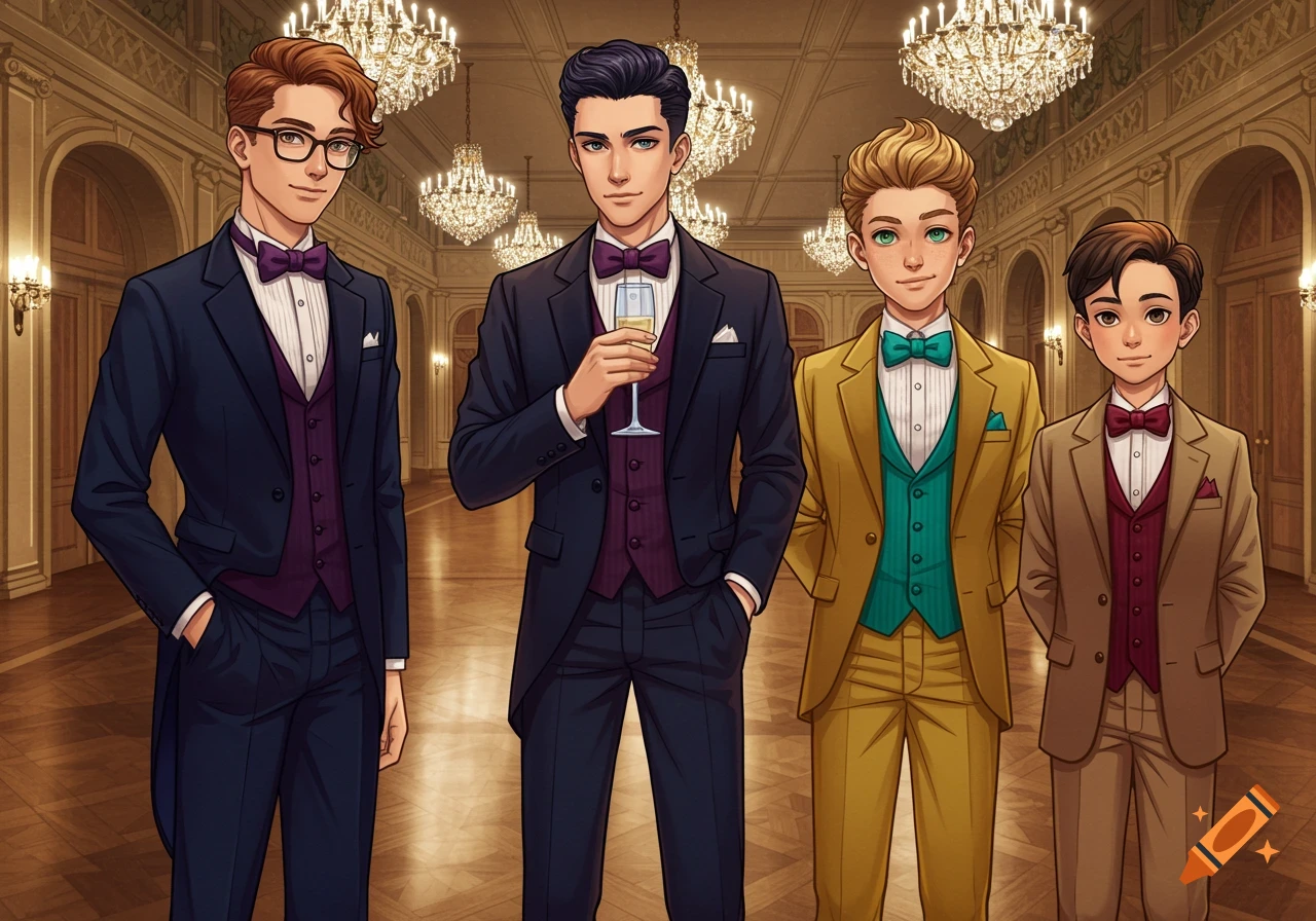 Four anime-style boys in tuxedos and suits stand in a grand ballroom with chandeliers.