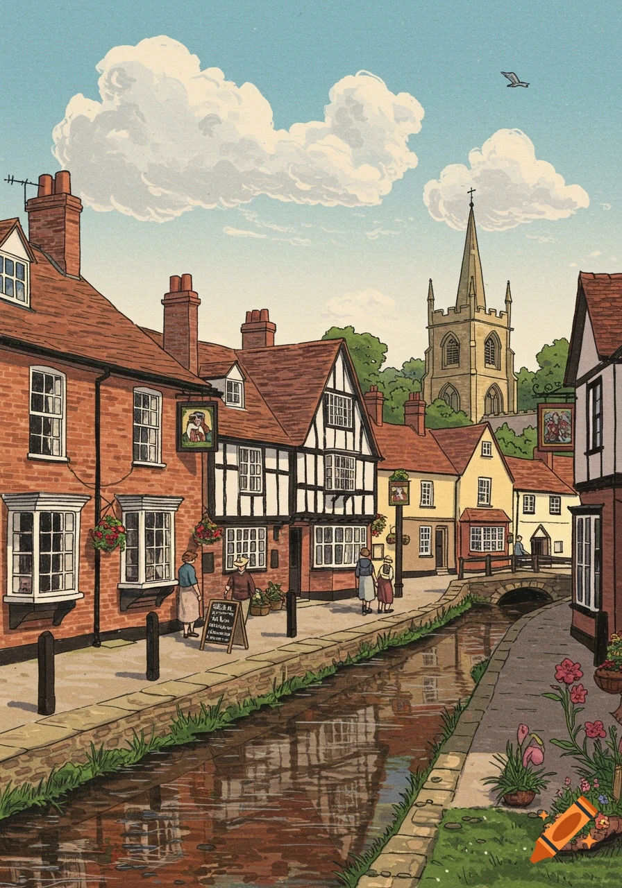 An illustrated village scene with brick and half-timbered buildings along a canal, with a church steeple in the background.