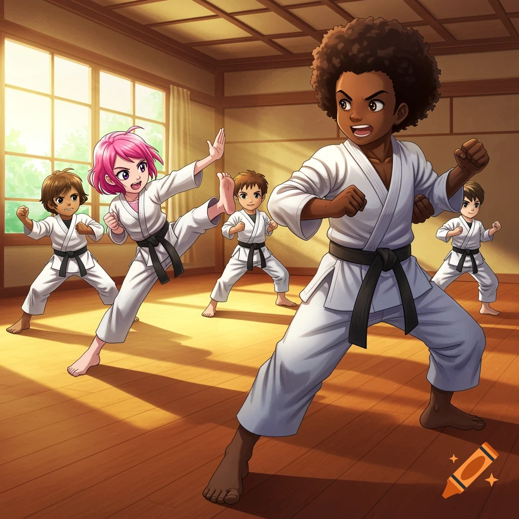 Anime style illustration of diverse children in white gis with black belts practicing karate in a sunlit dojo.