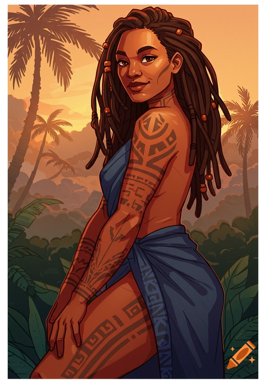 Illustration of a Polynesian woman with dreadlocks and geometric tattoos, wearing a sarong, against a tropical sunset.