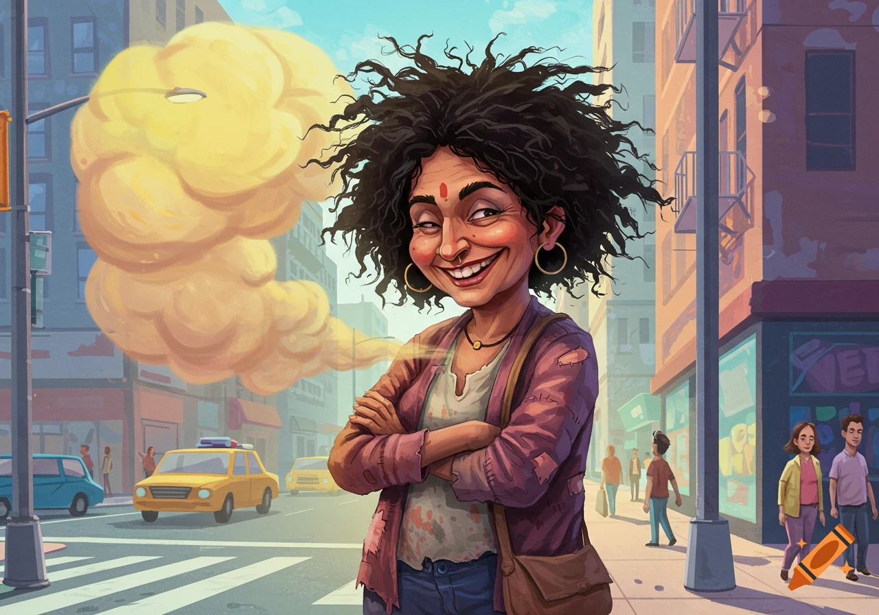 A cartoon woman with voluminous curly hair and a large smile stands on a city street with arms crossed, a yellow cloud behind her.