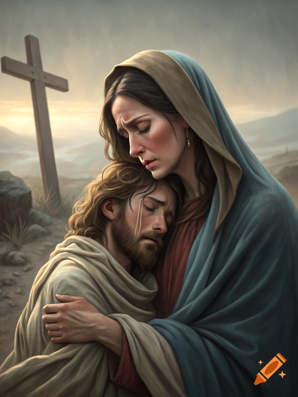 Mary embraces a sorrowful Jesus near a wooden cross at sunset, depicting grief.