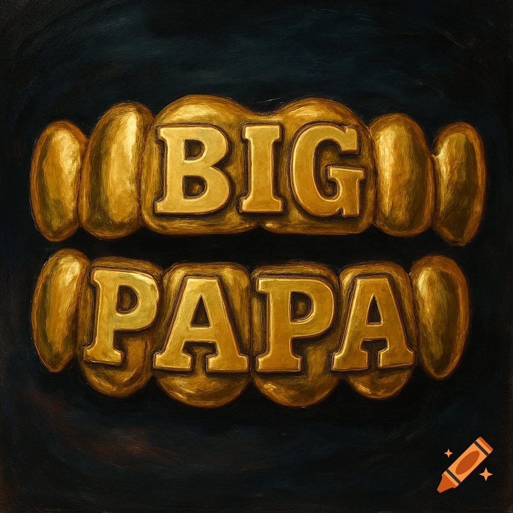 Golden grillz spelling 'BIG PAPA' in a dark, rich painted style.