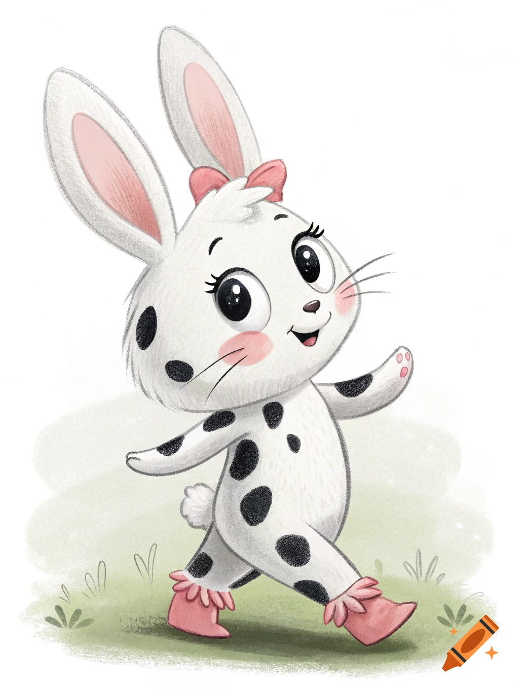 A cute white anthropomorphic bunny with black spots and pink accents, walking on grass in a cartoon style.