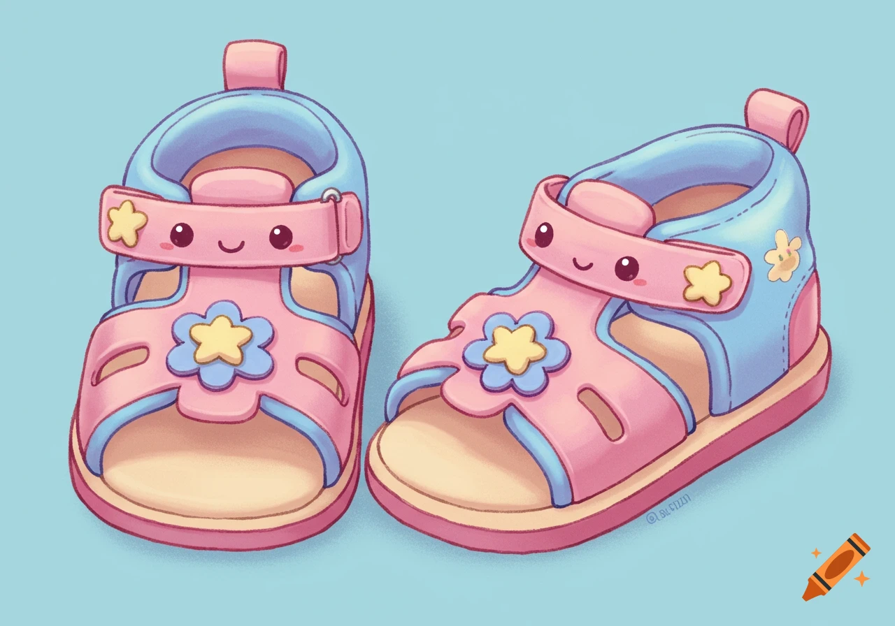 Two pink and blue cartoon baby sandals with smiling faces and star and flower decorations on a light blue background.