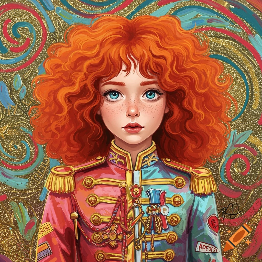 Illustration of a red-haired girl with blue eyes and freckles in a colorful, ornate military-style jacket, against a gold and colorful swirling pop art background.