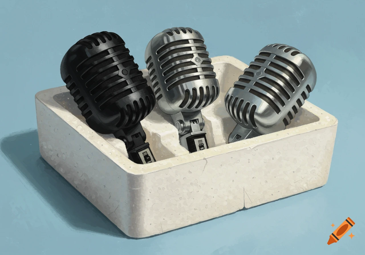 Three vintage microphones, one black and two silver, sit upright in a white styrofoam container on a light blue background, rendered in a painterly style.
