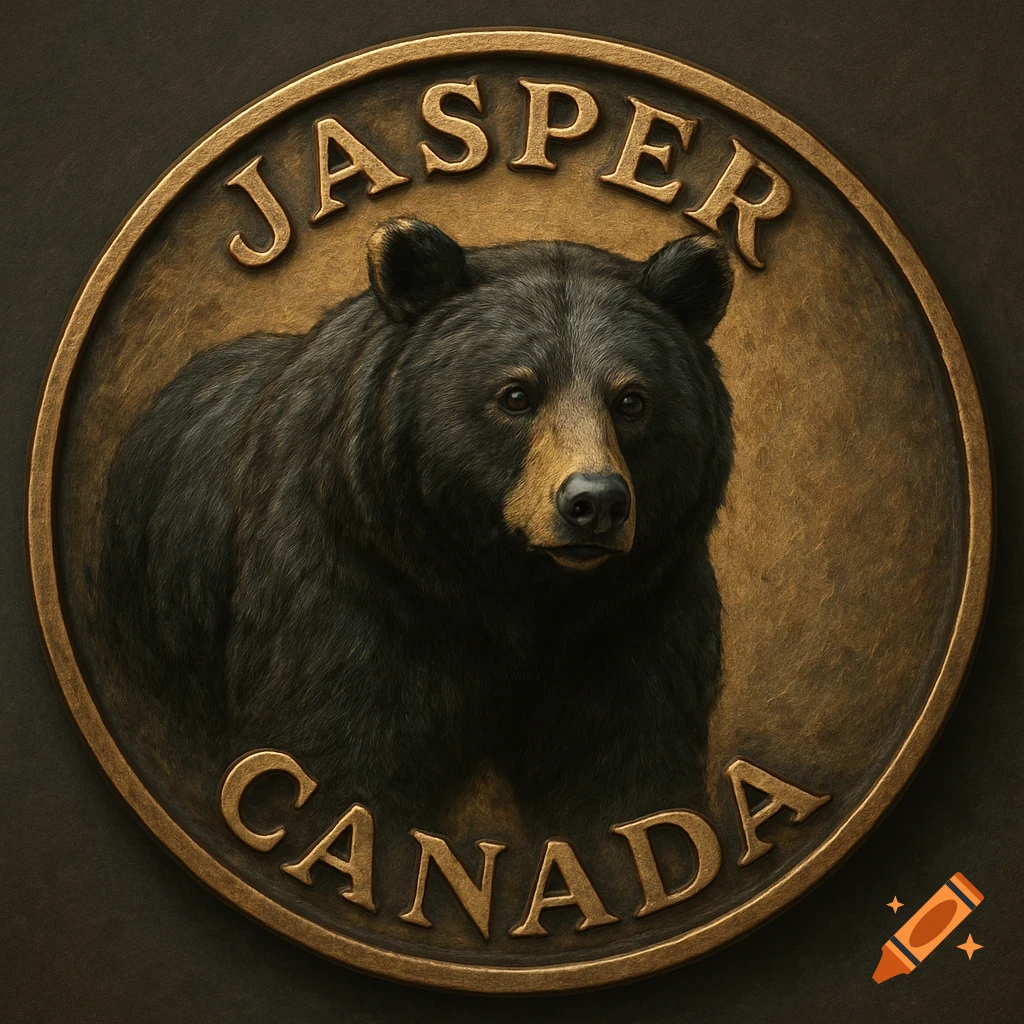 A detailed bronze coin featuring a black bear with the words 'Jasper' and 'Canada' embossed on it.