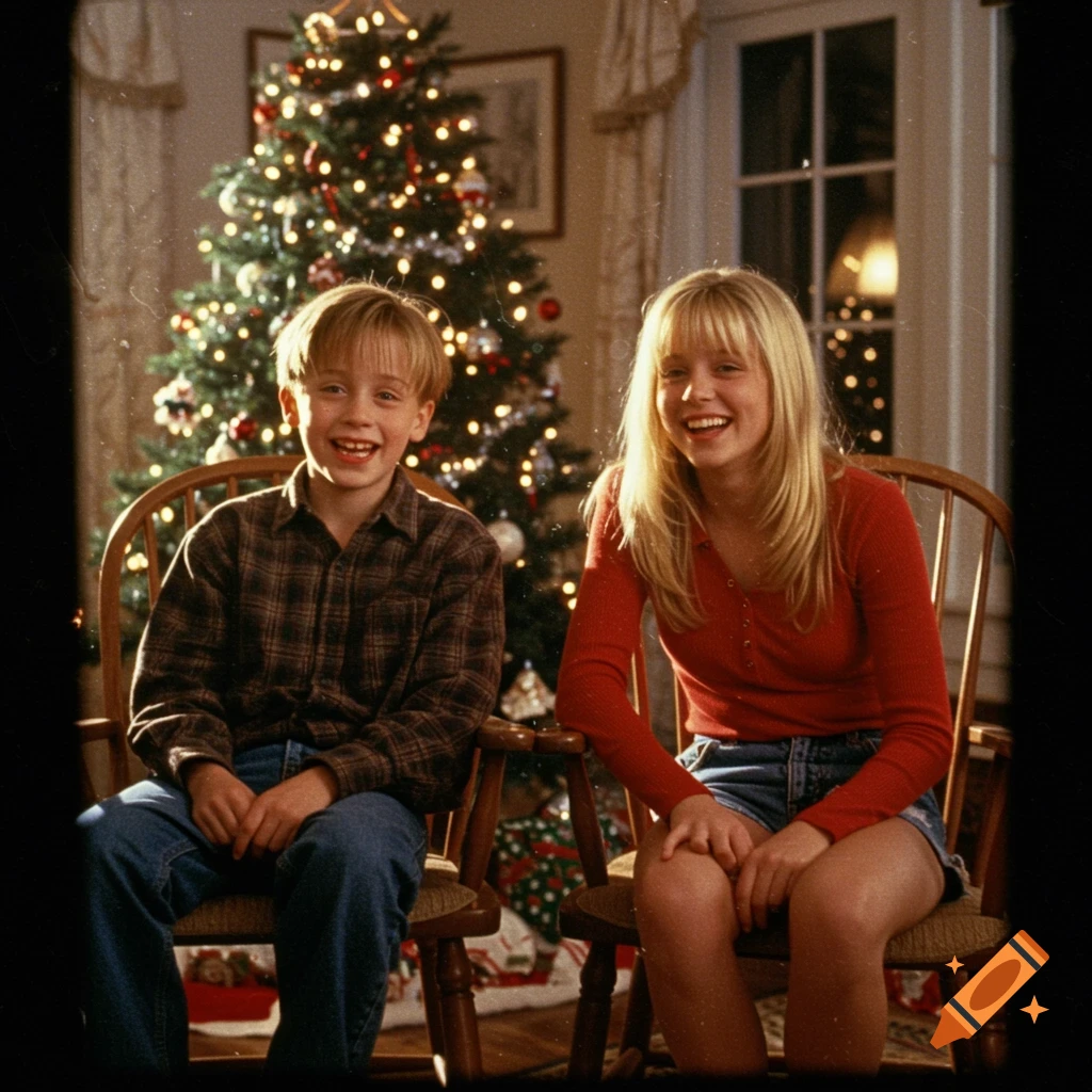 Kevin and his older sister from Home Alone smiling in front of a decorated Christmas tree.