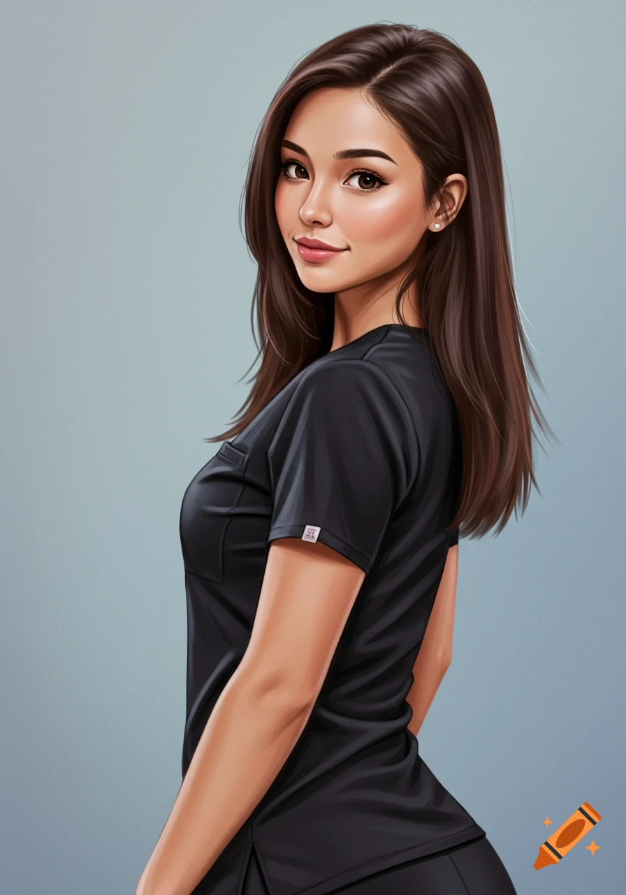 A smiling woman with long brown hair in a black scrub top, looking over her shoulder, in a digital painting.