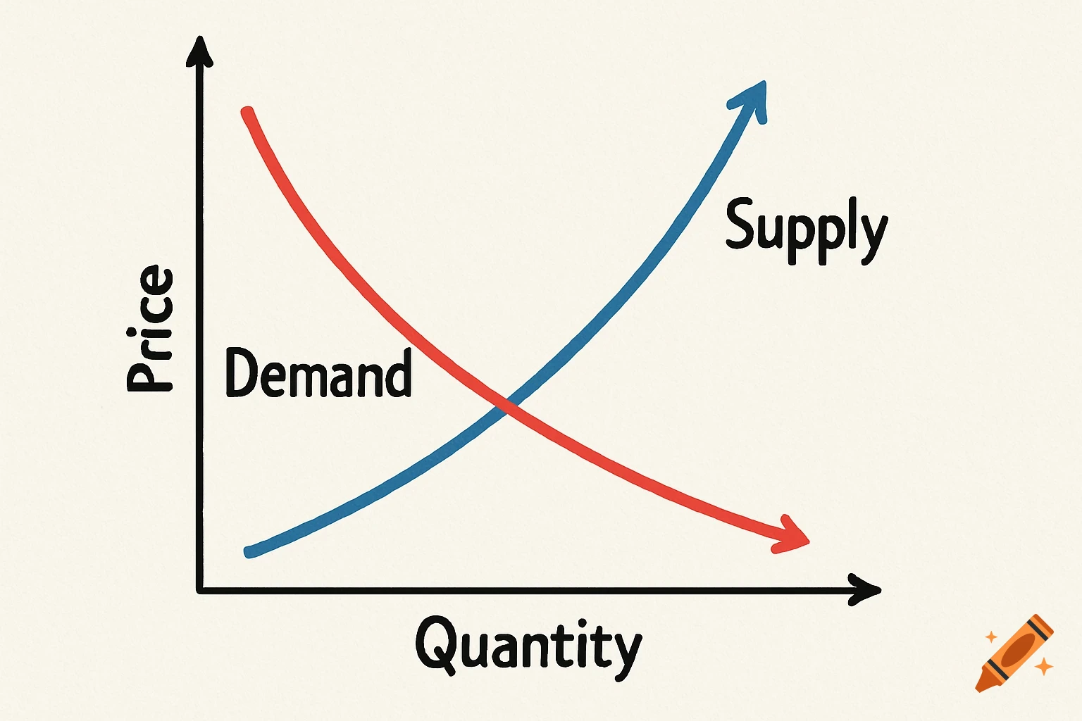 A hand-drawn style graph illustrating a red downward-sloping demand curve intersecting a blue upward-sloping supply curve. The axes are labeled Price and Quantity.