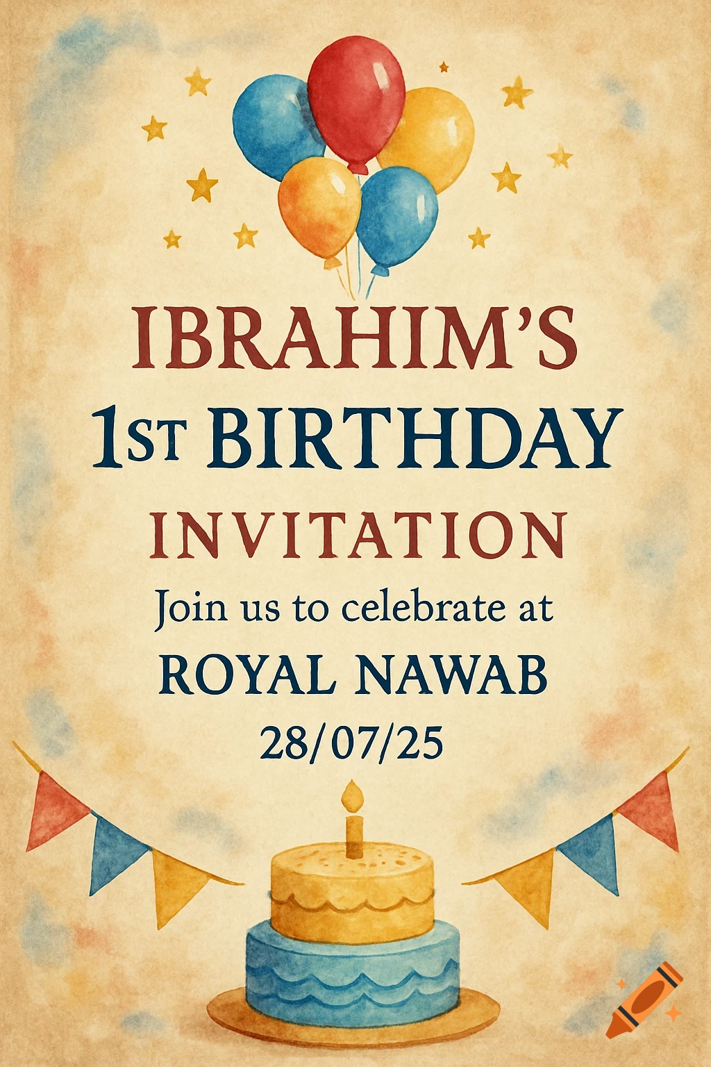 A watercolor birthday invitation for Ibrahim's 1st birthday featuring balloons, stars, a two-tier cake with a candle, and bunting.