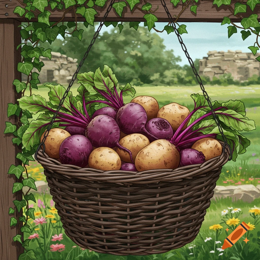 A rustic hanging basket filled with potatoes and beetroots, suspended from a wooden beam with ivy in a sunny garden.