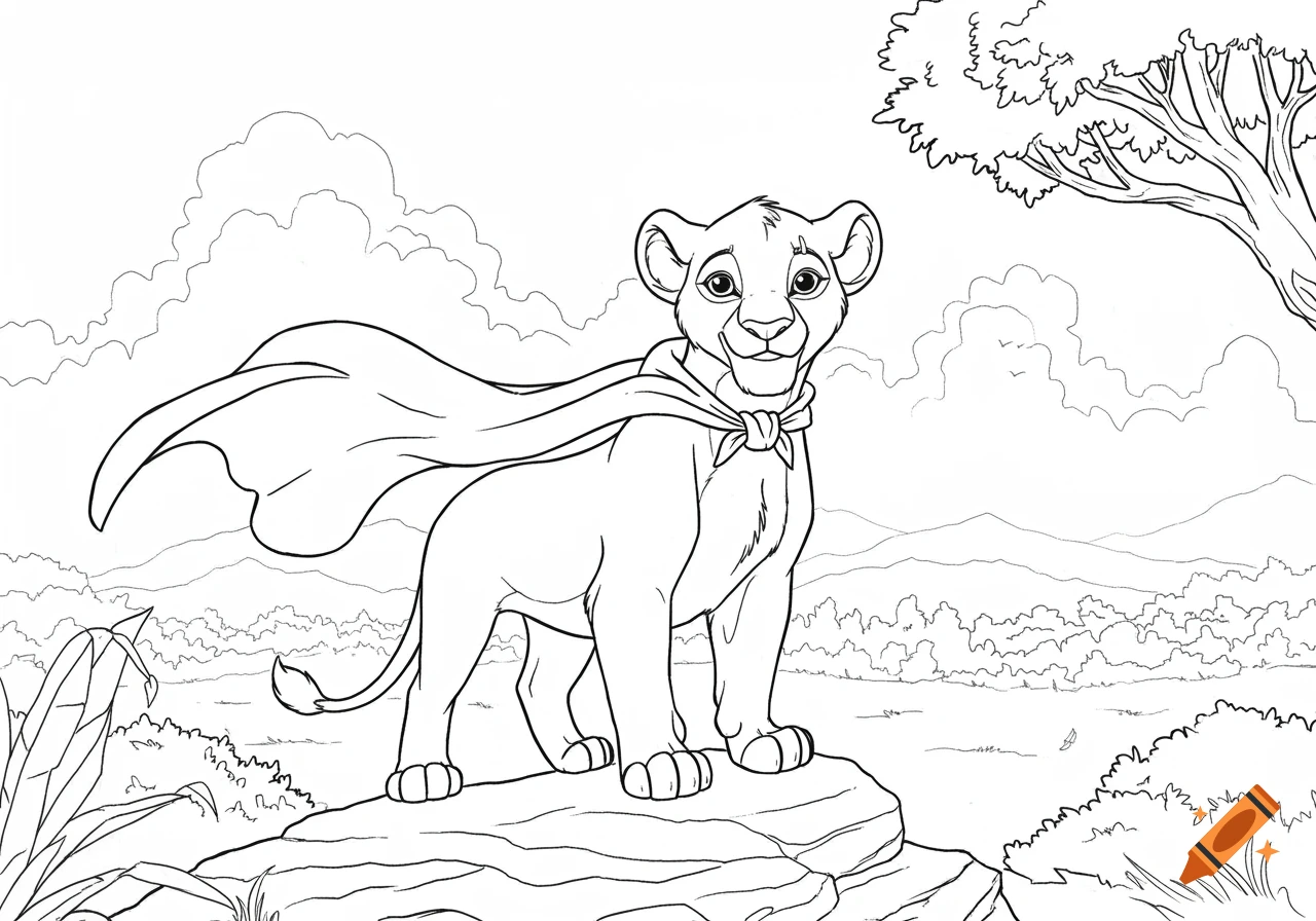 A line art coloring page of a lion cub with a flowing cape standing on a rock, with a scenic background.