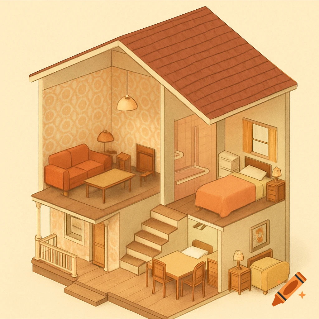An isometric cutaway view of a bi-level house in a dreamy retro style, showing a living room, dining room, two bedrooms, and a bathroom.