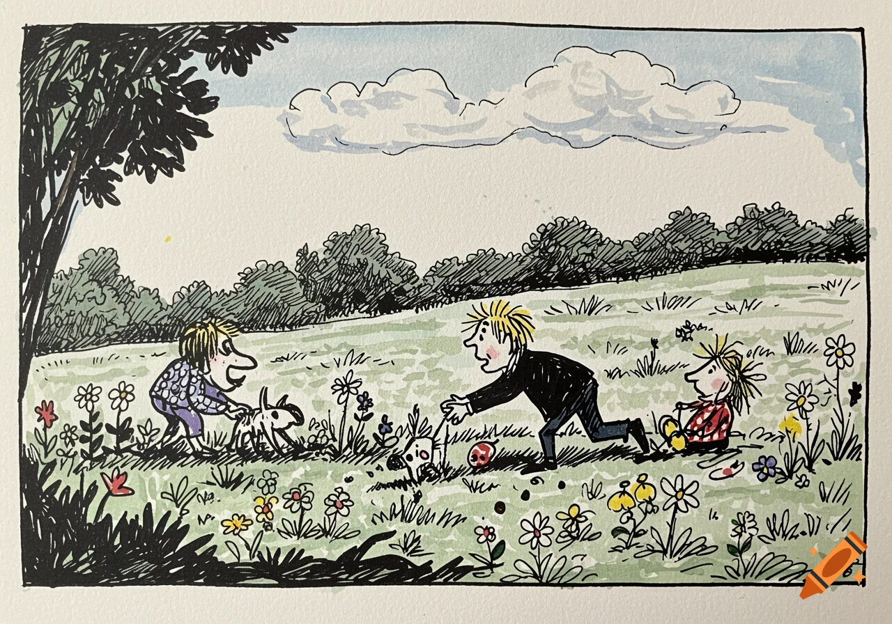 A whimsical pen and watercolor illustration of three children playing with small animals in a field of flowers under a cloudy sky.