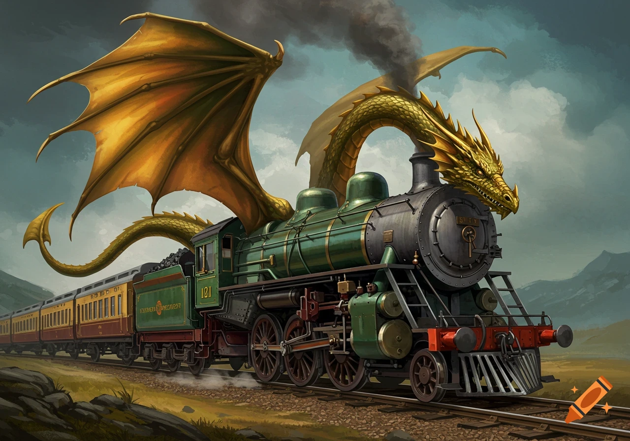A green steam train with large golden dragon wings and a golden dragon head, moving along tracks through a grassy landscape under a cloudy sky, in a fantastical art style.
