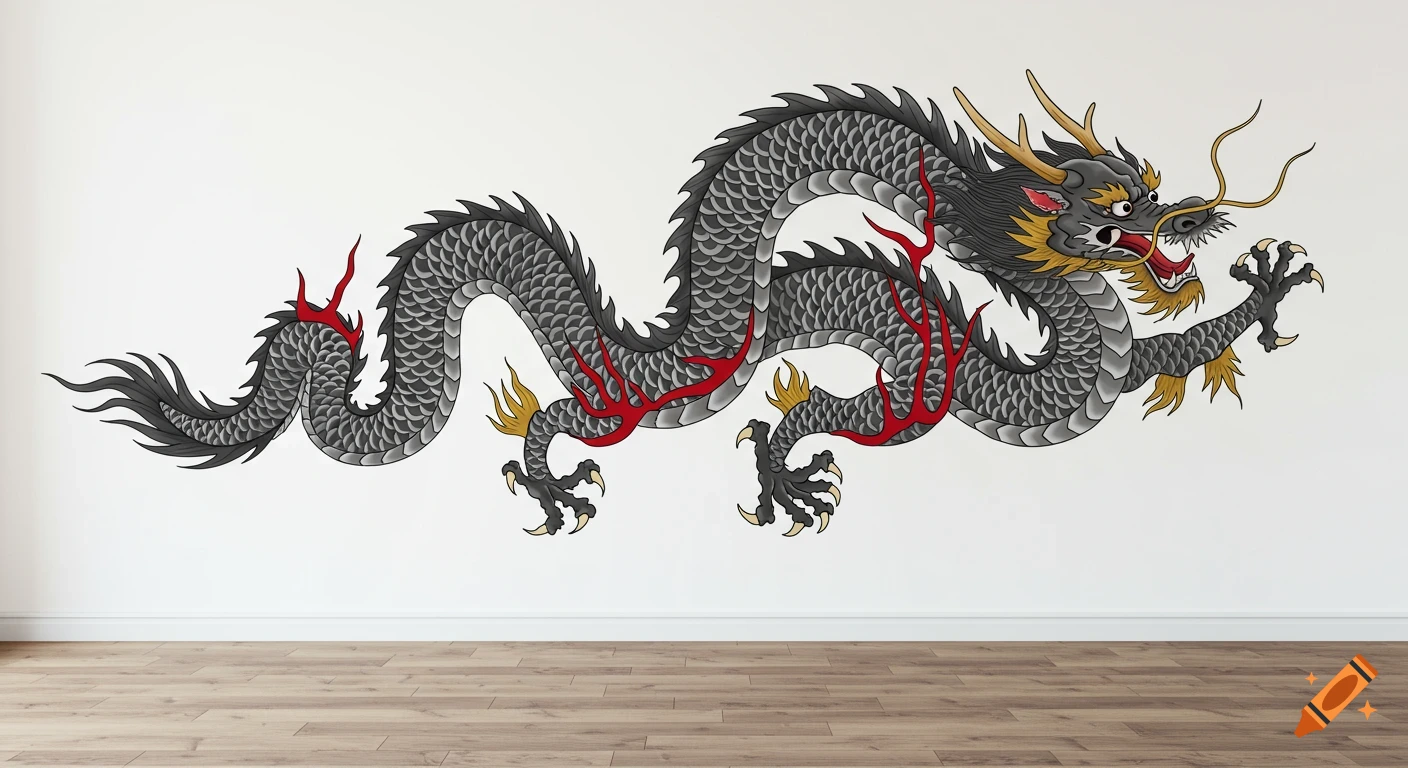 A large traditional black, red, and gold Chinese dragon mural on a white wall above a wooden floor.
