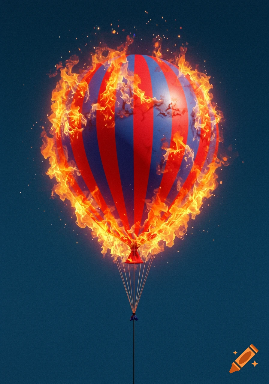 A red and blue striped hot air balloon is engulfed in vibrant orange flames against a dark blue sky.