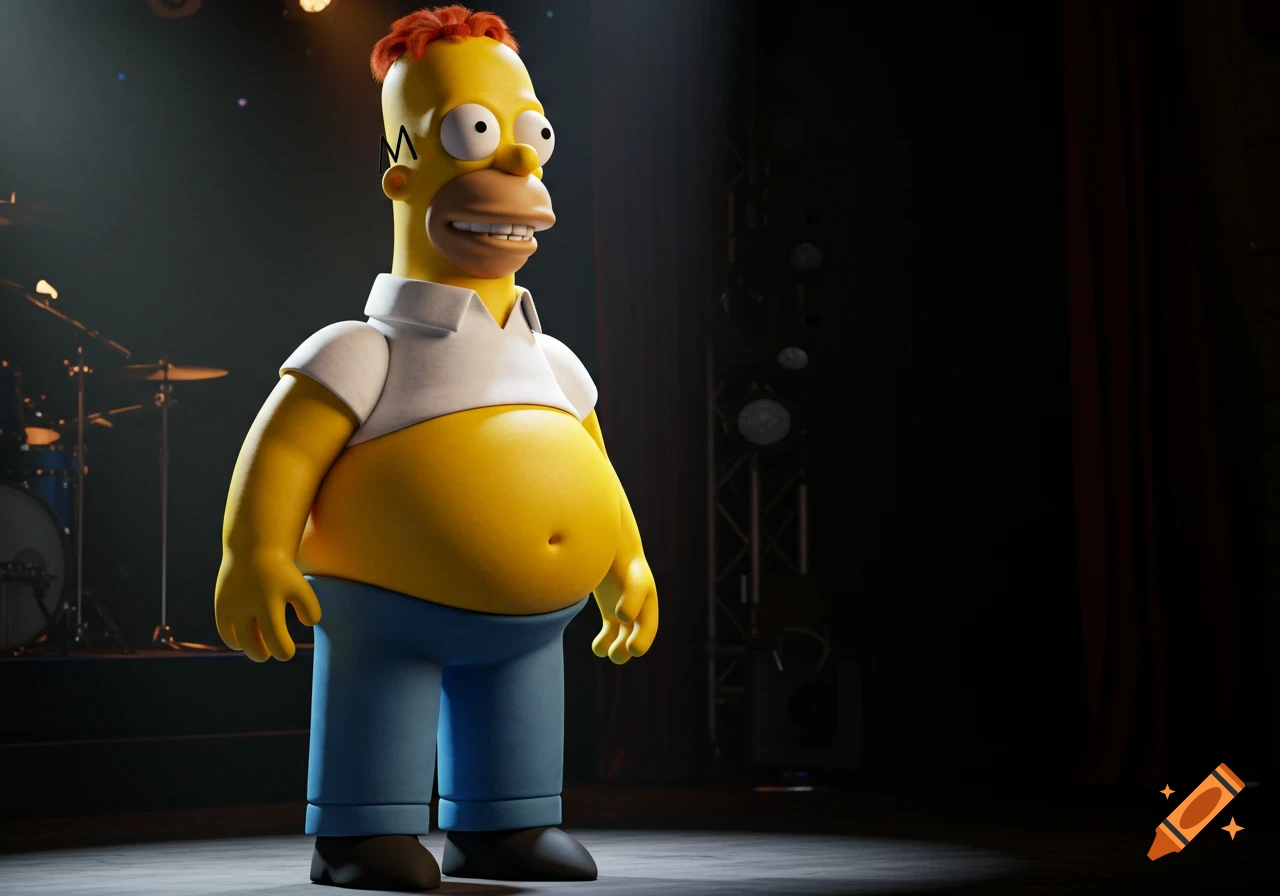 A 3D animatronic Homer Simpson stands under a spotlight on a dark stage, with drums visible in the background.