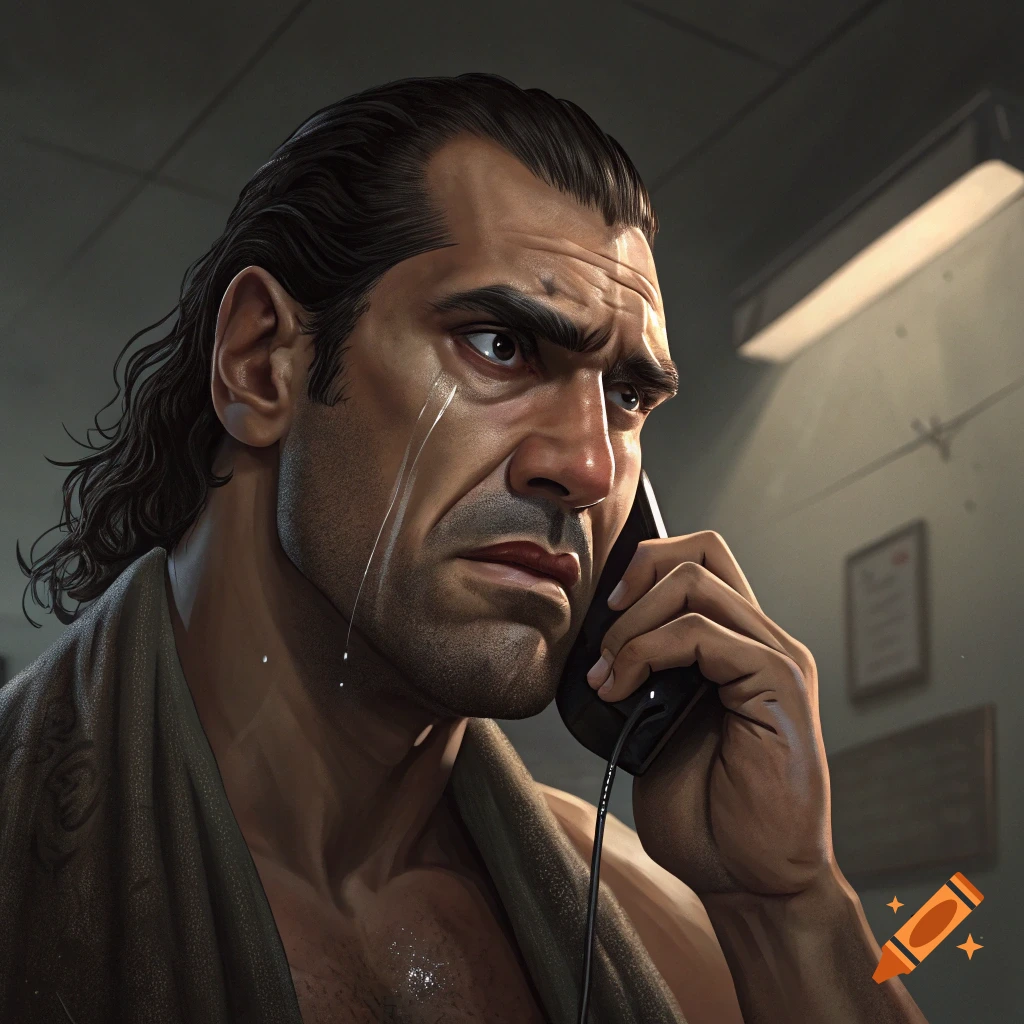 A stylized portrait of a muscular man with long dark hair, crying as he holds a phone to his ear.