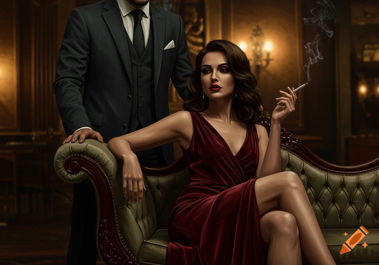 A man in a dark suit stands behind a woman in a red velvet dress seated on a couch, smoking a cigarette.