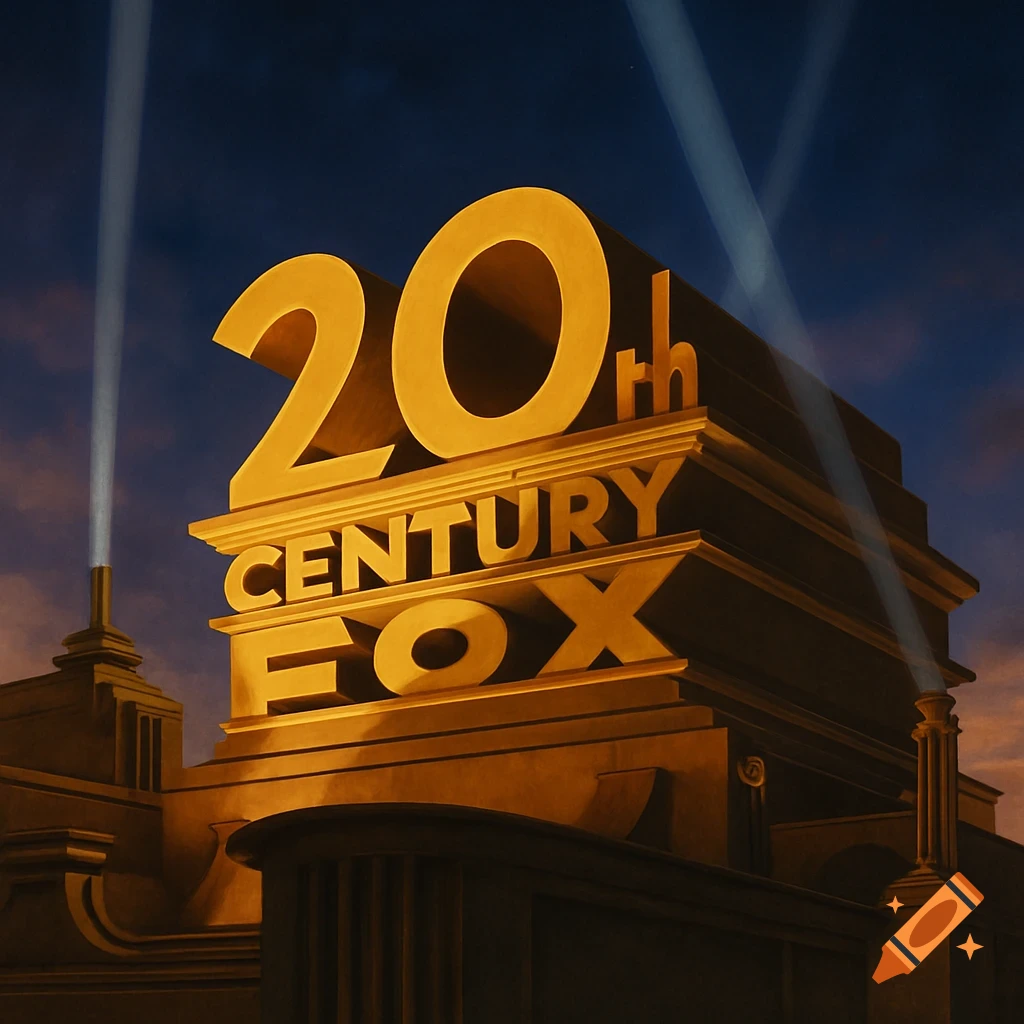 Golden 20th Century Fox logo illuminated by searchlights against a dark blue sky, photorealistic.