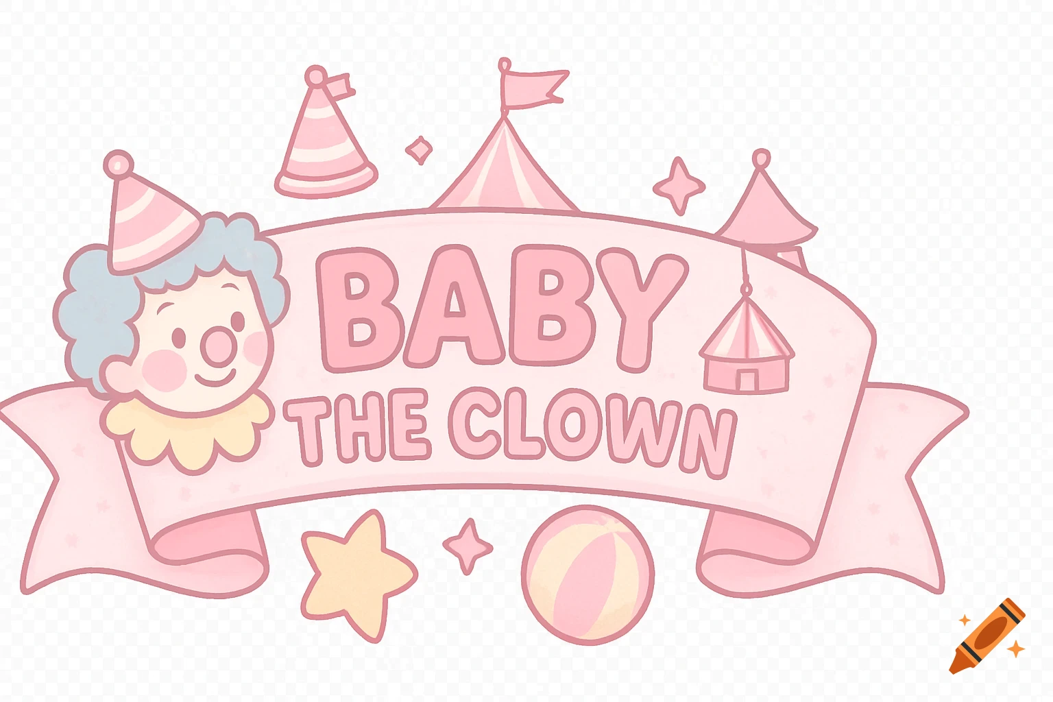 Cute pastel pink banner with a cartoon clown, circus tent, and text 'Baby the Clown' on a transparent background.