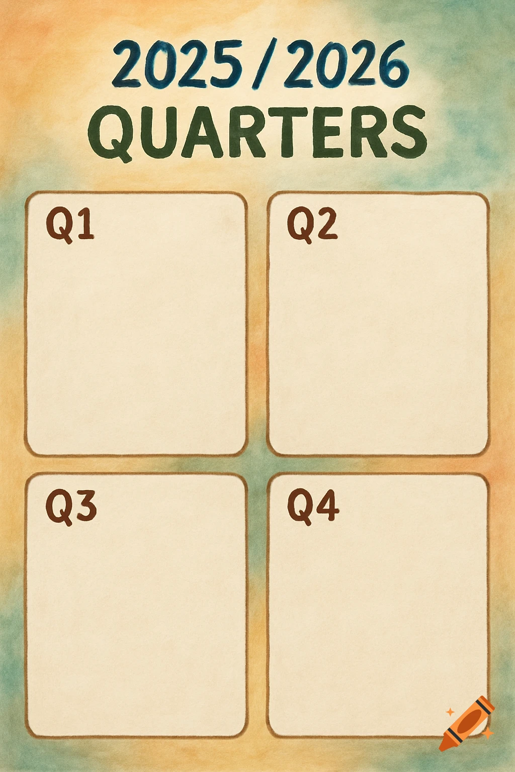 A watercolor-style template for 2025/2026 financial quarters, labeled Q1 through Q4, with blank spaces for notes.