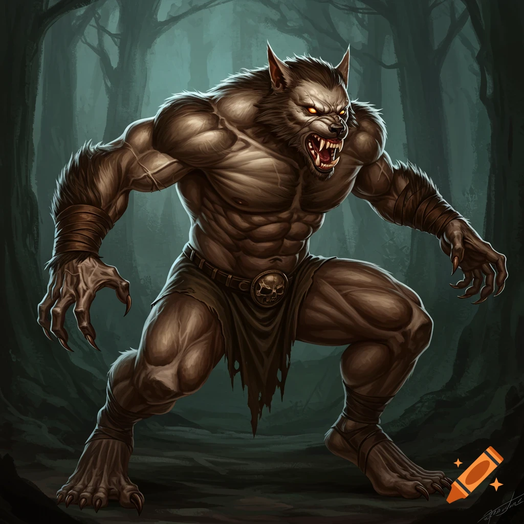 A muscular werewolf with glowing eyes and bared fangs, standing in a dark forest.
