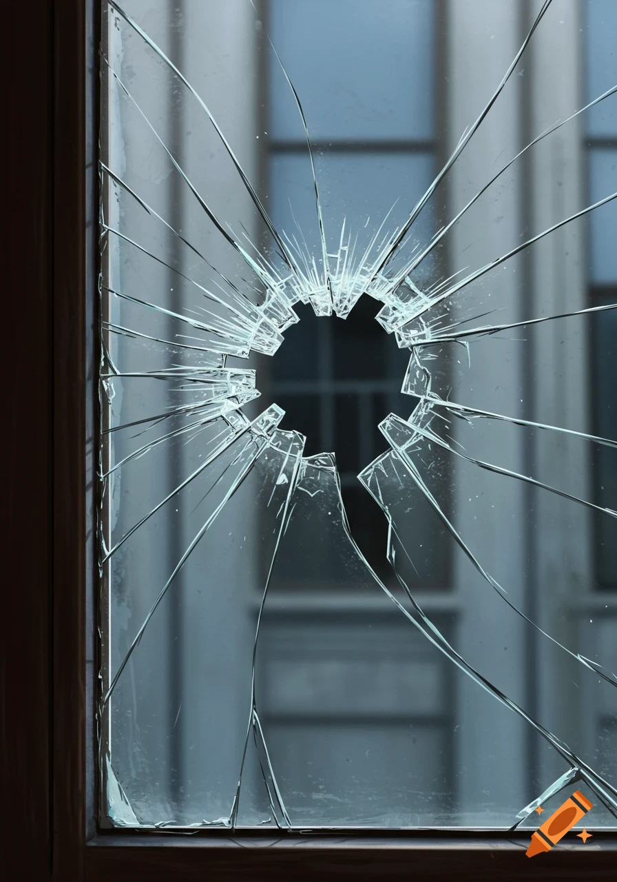 A close-up, photorealistic shot of a window with a circular hole in the center and radiating cracks.