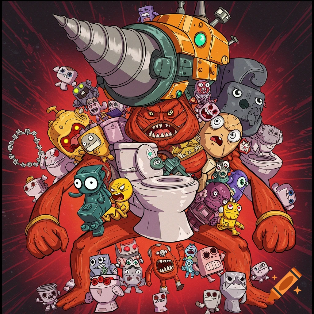 Dynamic cartoon illustration of a large red monster and a giant drill head, surrounded by numerous small, stylized toilet and bizarre creatures on a vibrant red background.