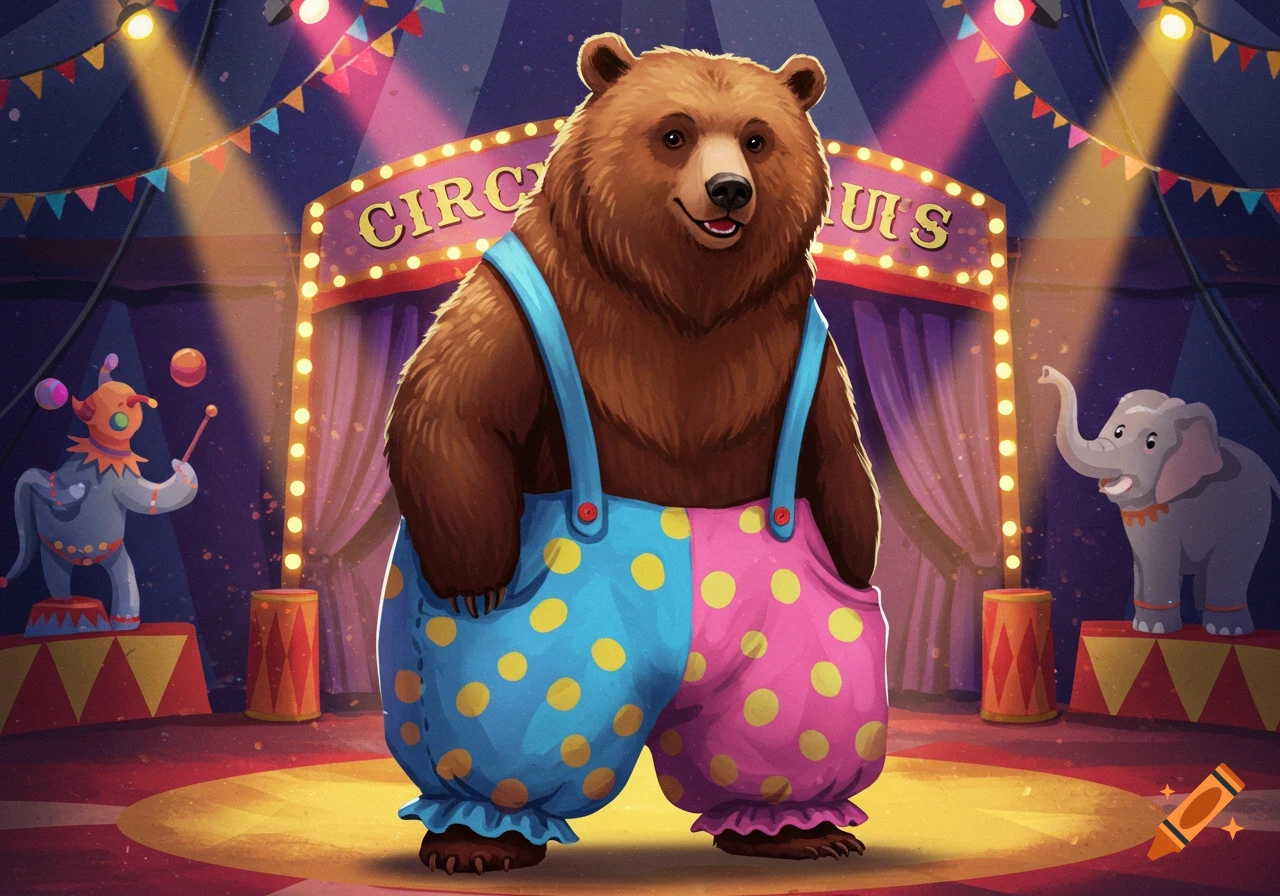 A cartoon bear in blue and pink polka dot overalls stands on a circus stage with a clown and elephant statue in the background.