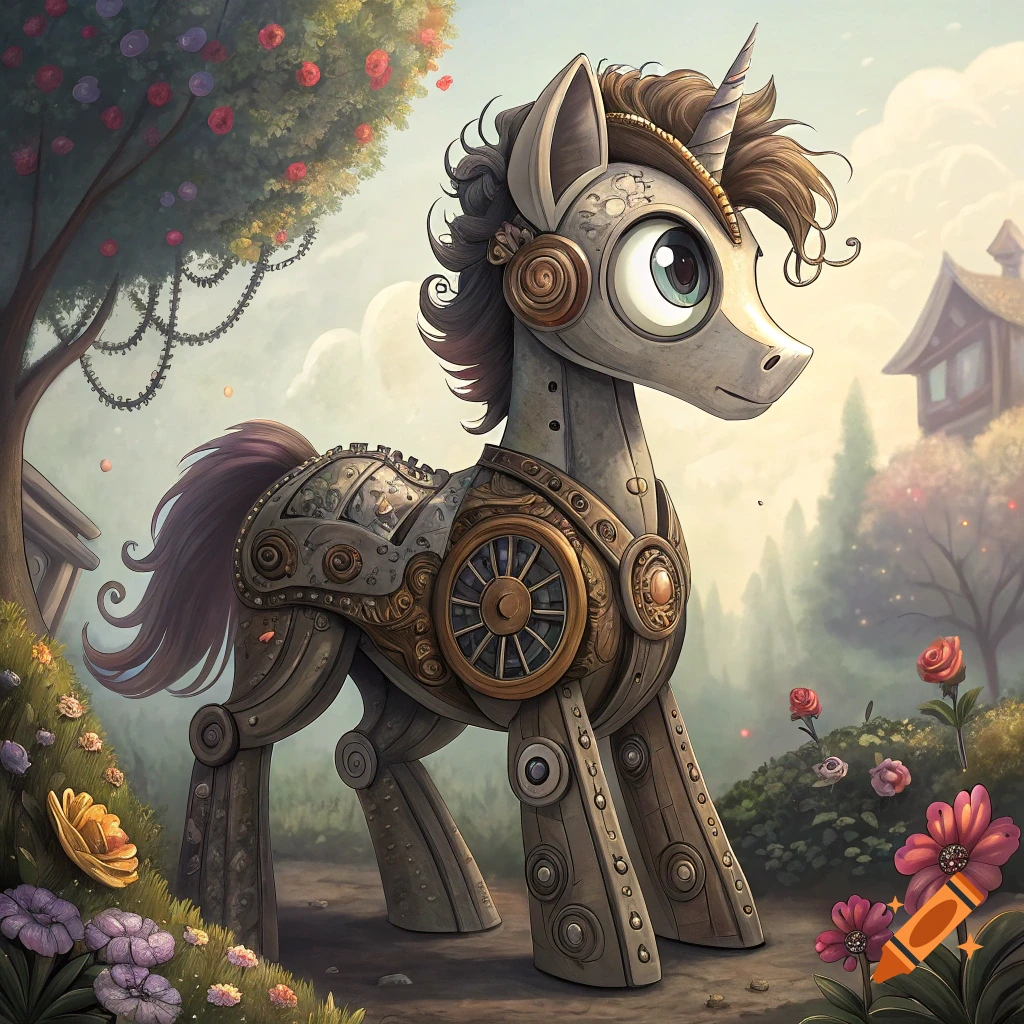A steampunk pony with gears and cogs, in the style of My Little Pony, stands in a whimsical garden.