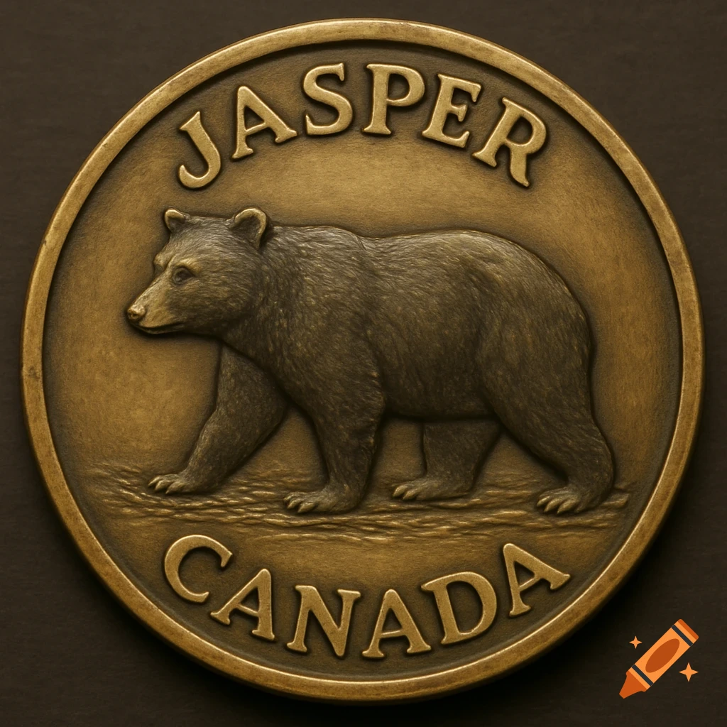 A close-up of a bronze coin featuring a brown bear, with 'JASPER' at the top and 'CANADA' at the bottom.