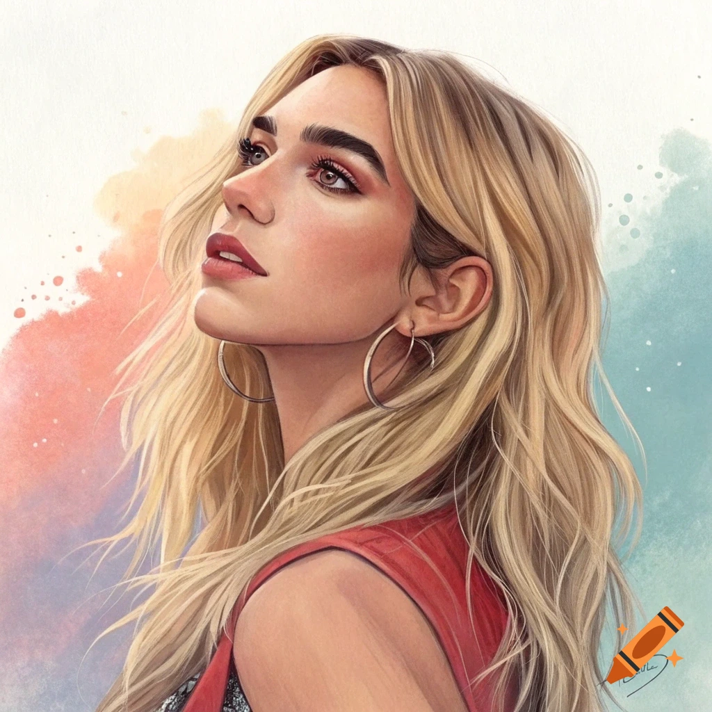 Stylized portrait of a young woman with long blonde hair looking up, against a watercolor background.