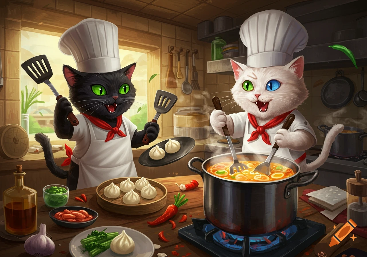 Two cartoon cats wearing chef hats and aprons happily cook in a kitchen, one stirring a pot on a stove and the other holding spatulas and a plate of dumplings.