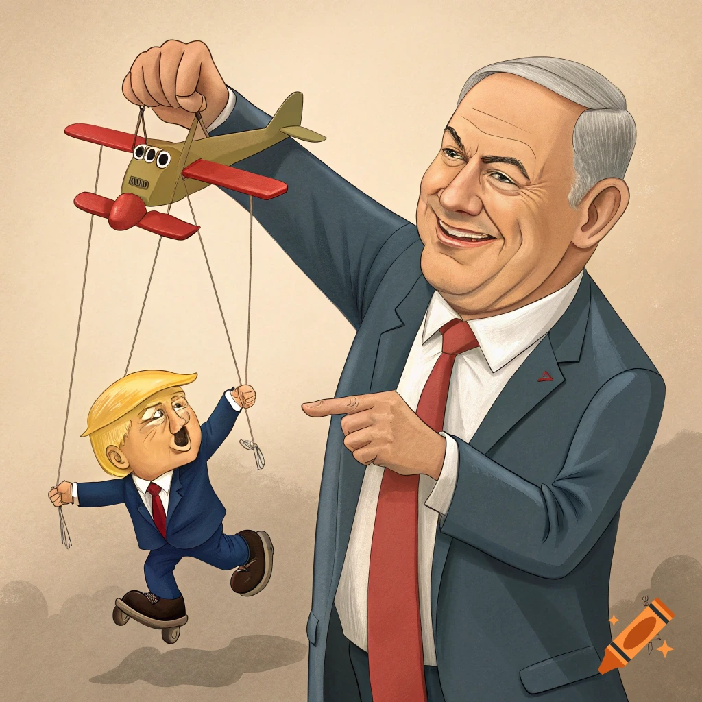 Cartoon of Benjamin Netanyahu as a puppeteer controlling a Donald Trump puppet.
