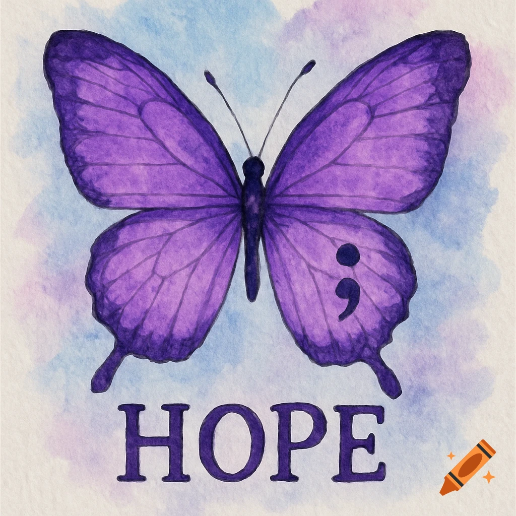 A purple watercolor butterfly with a black semicolon on its right wing, above the word HOPE, on a blue and purple watercolor background.