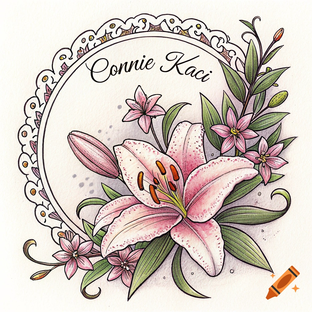 Hand-drawn illustration of pink lilies and foliage within a decorative circular frame with text Connie Kaci.