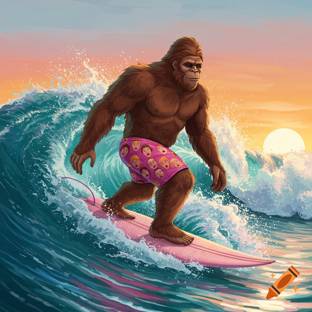 Bigfoot surfs a wave at sunset, wearing pink swim trunks patterned with human faces, in a vibrant illustration.