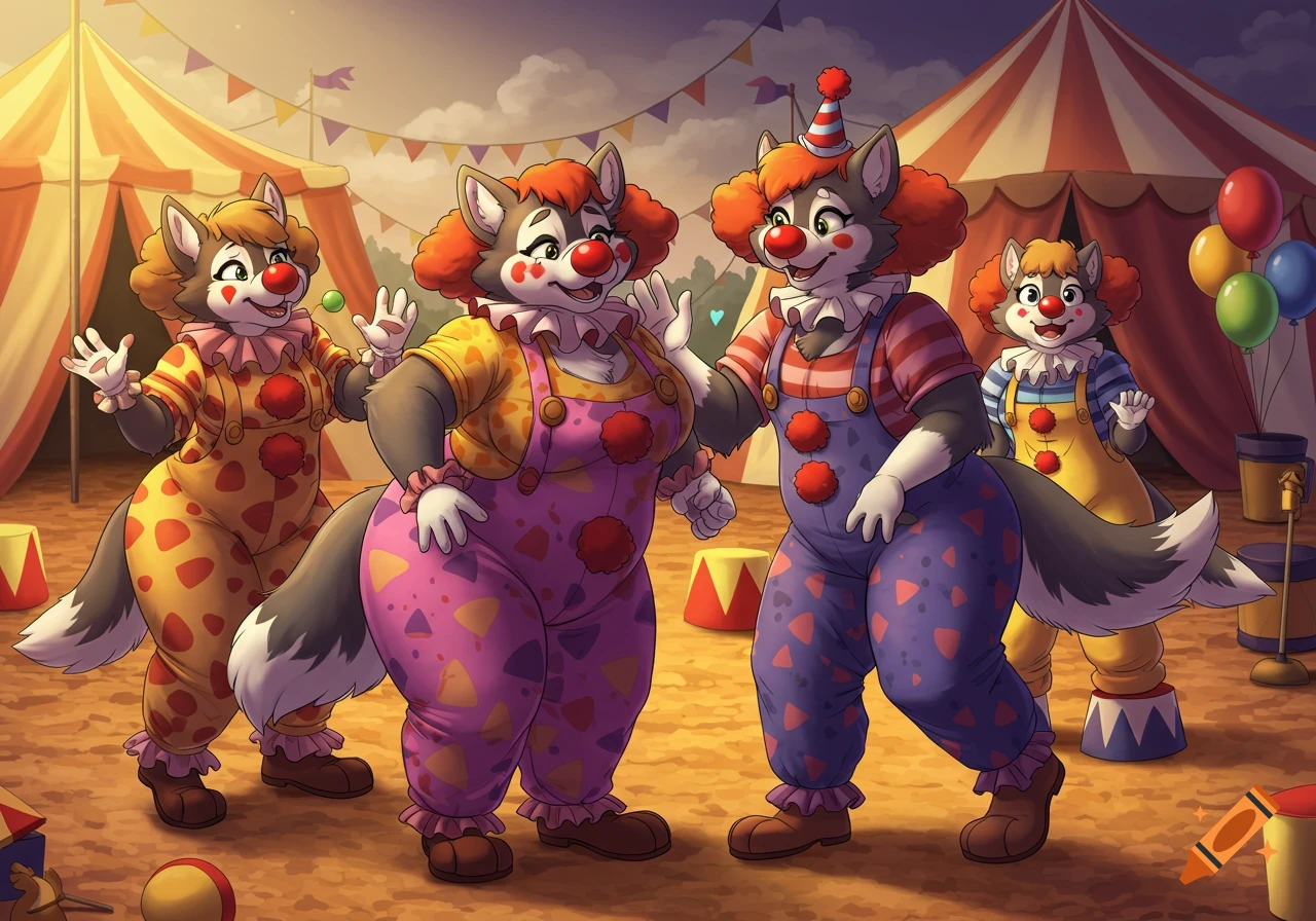 Four smiling anthropomorphic wolf clowns in colorful overalls playing in a cartoon-style circus setting with tents and balloons.